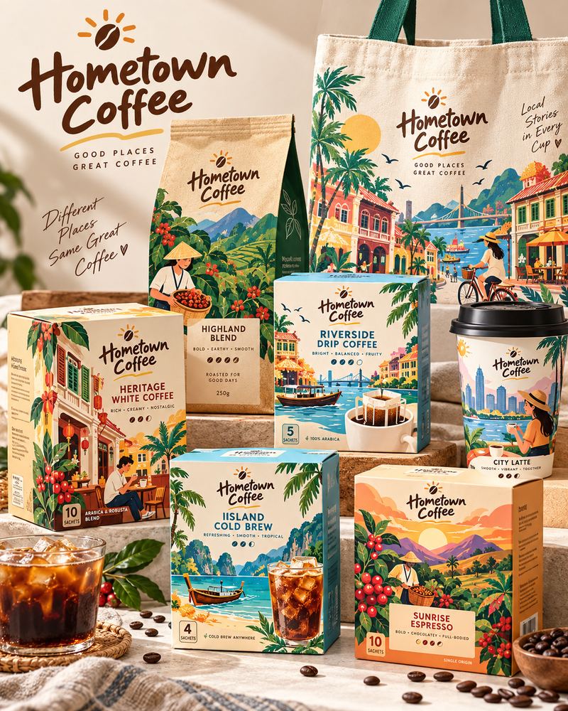 Hometown Coffee: playful illustrated coffee packaging concept design by KEFI