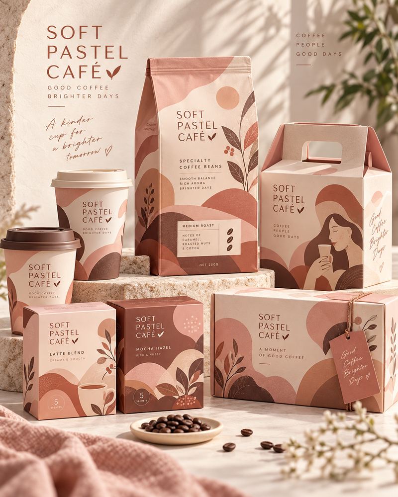 Soft Pastel Café: soft lifestyle coffee packaging concept design by KEFI