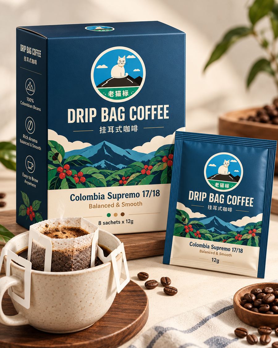 Lao Mao Colombia Supremo drip bag coffee box and sachet with a freshly brewed cup